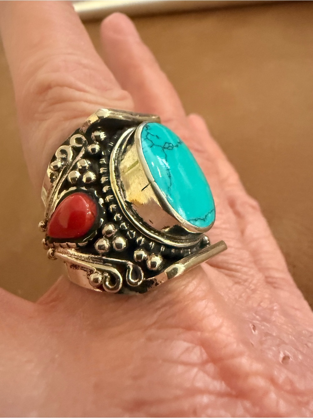 Tibetan Silver Ring with Turquoise, Red Coral. Size 9 - Picture 3 of 7